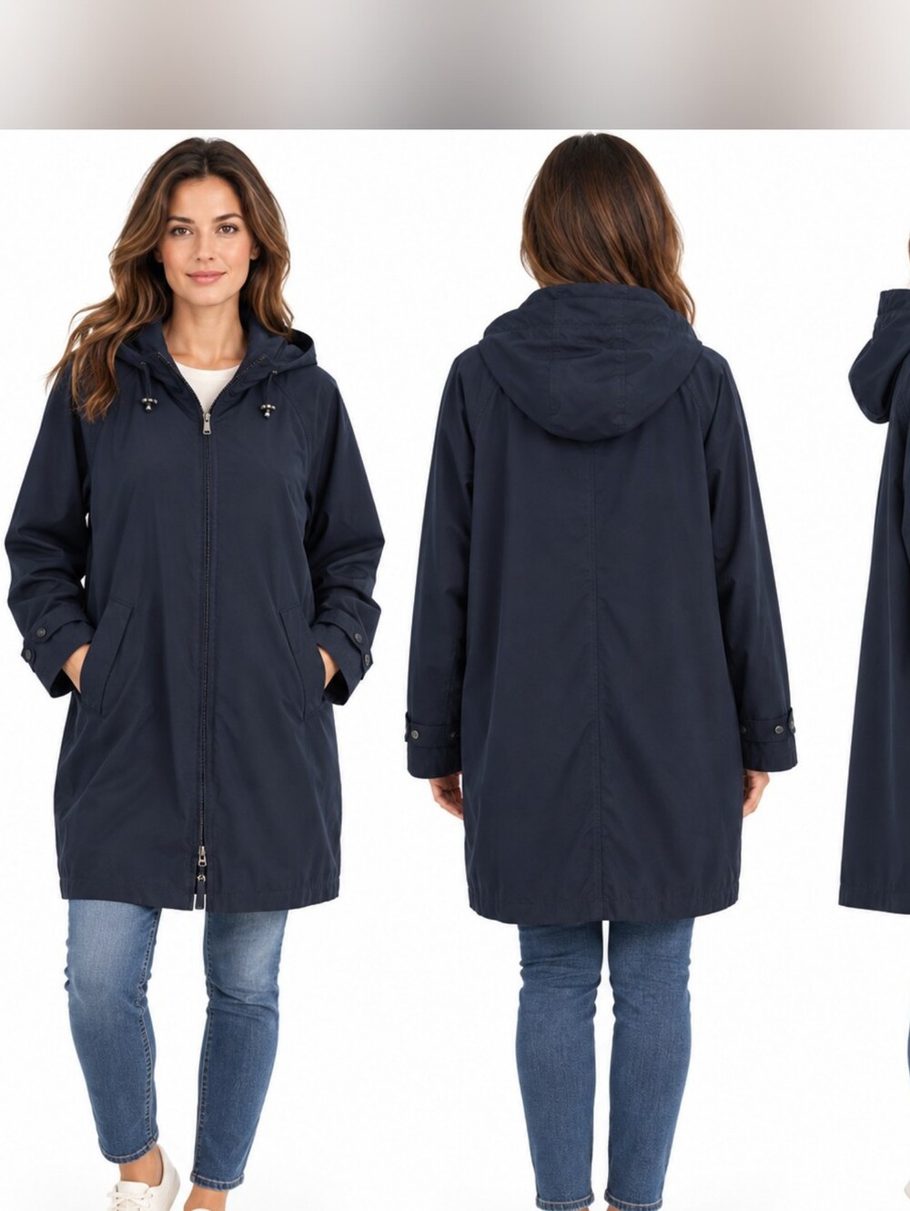 L.L.Bean Hooded Rain Jacket Large Petite Navy Blue Gorpcore Coastal Outdoor